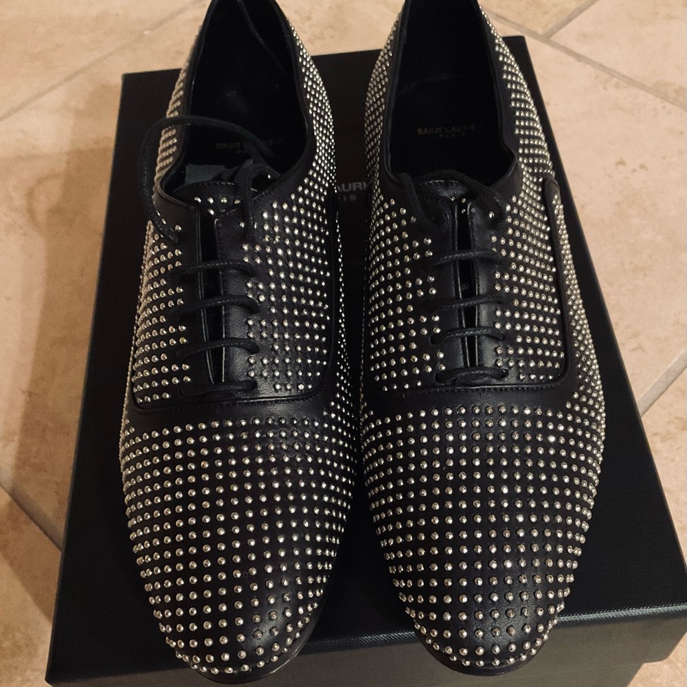 SAINT LAURENT BLACK SILVER STUD OXFORD LOAFER SIZE 37.5